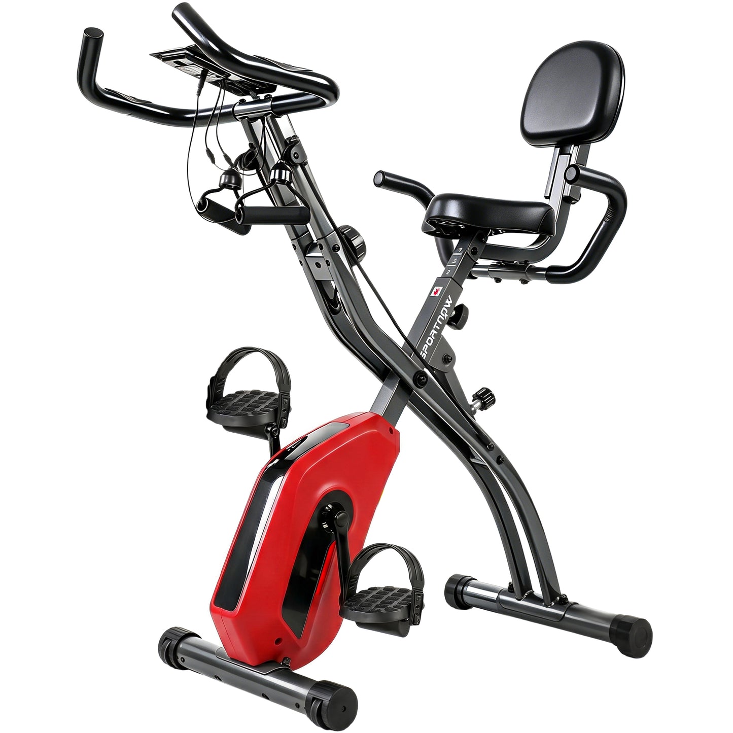 4-In-1 Folding Exercise Bike with Resistance Bands, Bluetooth App, 8-Level Magnetic Resistance, LCD Display, Red