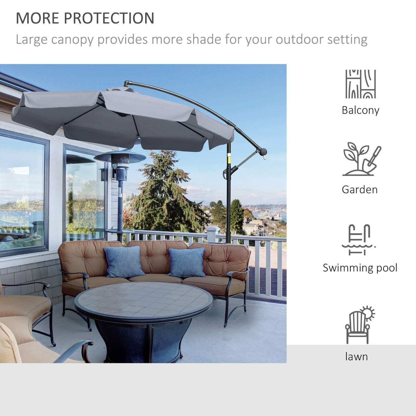 2.7m Garden Banana Parasol Cantilever Umbrella with Crank Handle and Cross Base for Outdoor, Hanging Sun Shade, Dark Grey