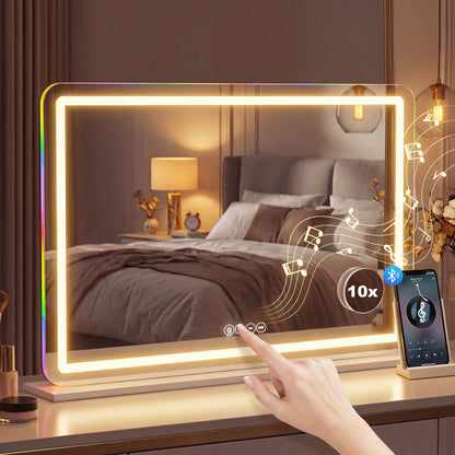 Vanity Mirror with Lights, Dimmable Makeup Mirror with Adjustable Colour Temperature, RGB Light, Bluetooth Speaker White