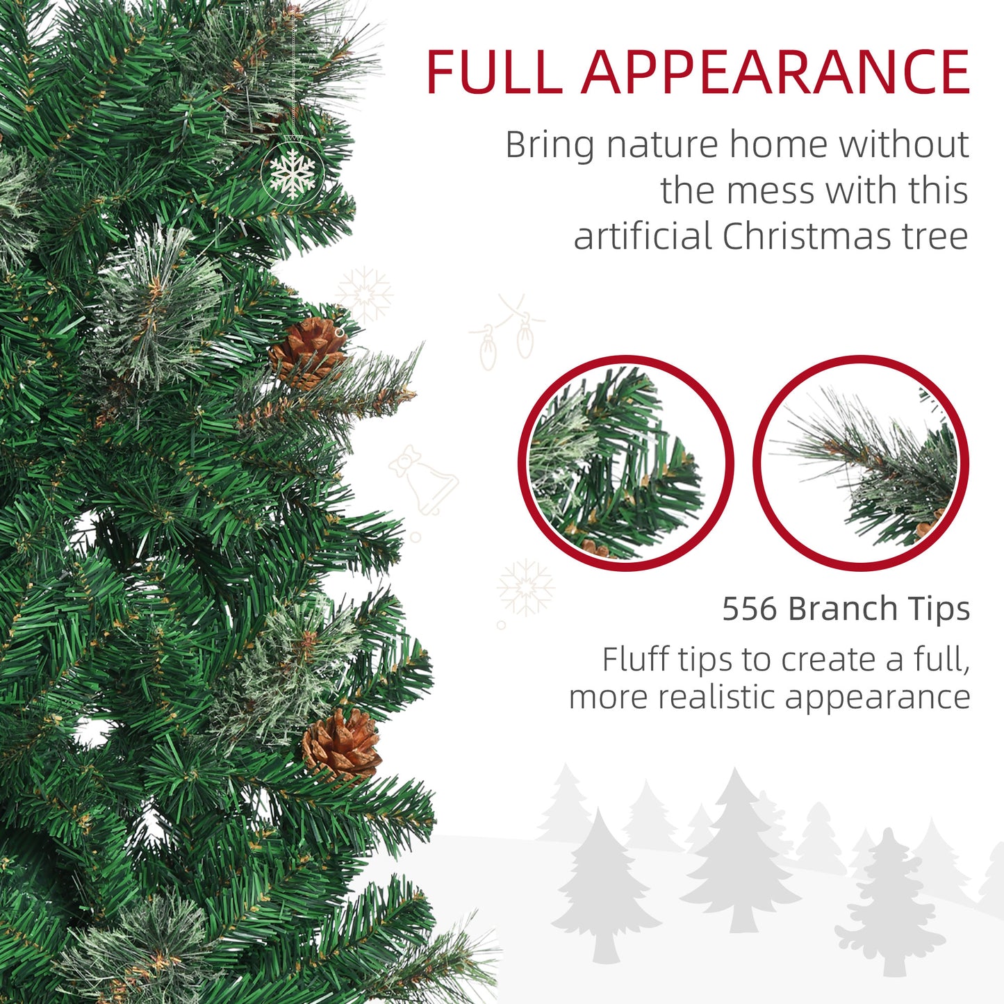 6.5FT Tall Pencil Slim Artificial Christmas Tree with Realistic Branches, Tip Count and Pine Cones, Pine Needles Tree