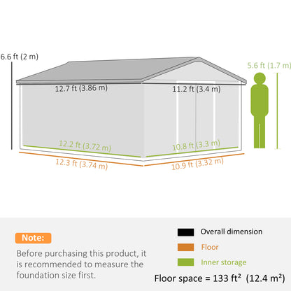 13 x 11ft Metal Garden Shed, Waterproof Outdoor Bike Storage Shed Galvanised with Vents, Foundation Kit
