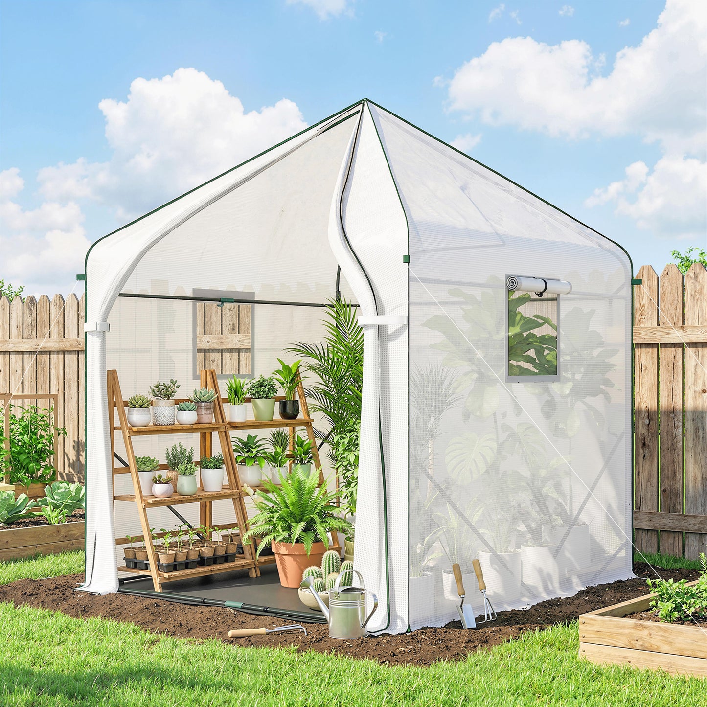Walk-in Greenhouse for Outdoors with Steel Frame, Large Plant House with Roll-up Door and PE Ground Cover, White