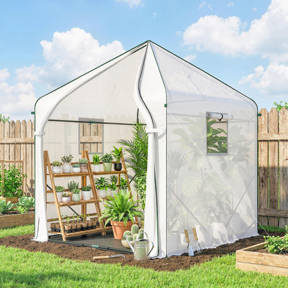 Walk-in Greenhouse for Outdoors with Steel Frame, Large Plant House with Roll-up Door and PE Ground Cover, White