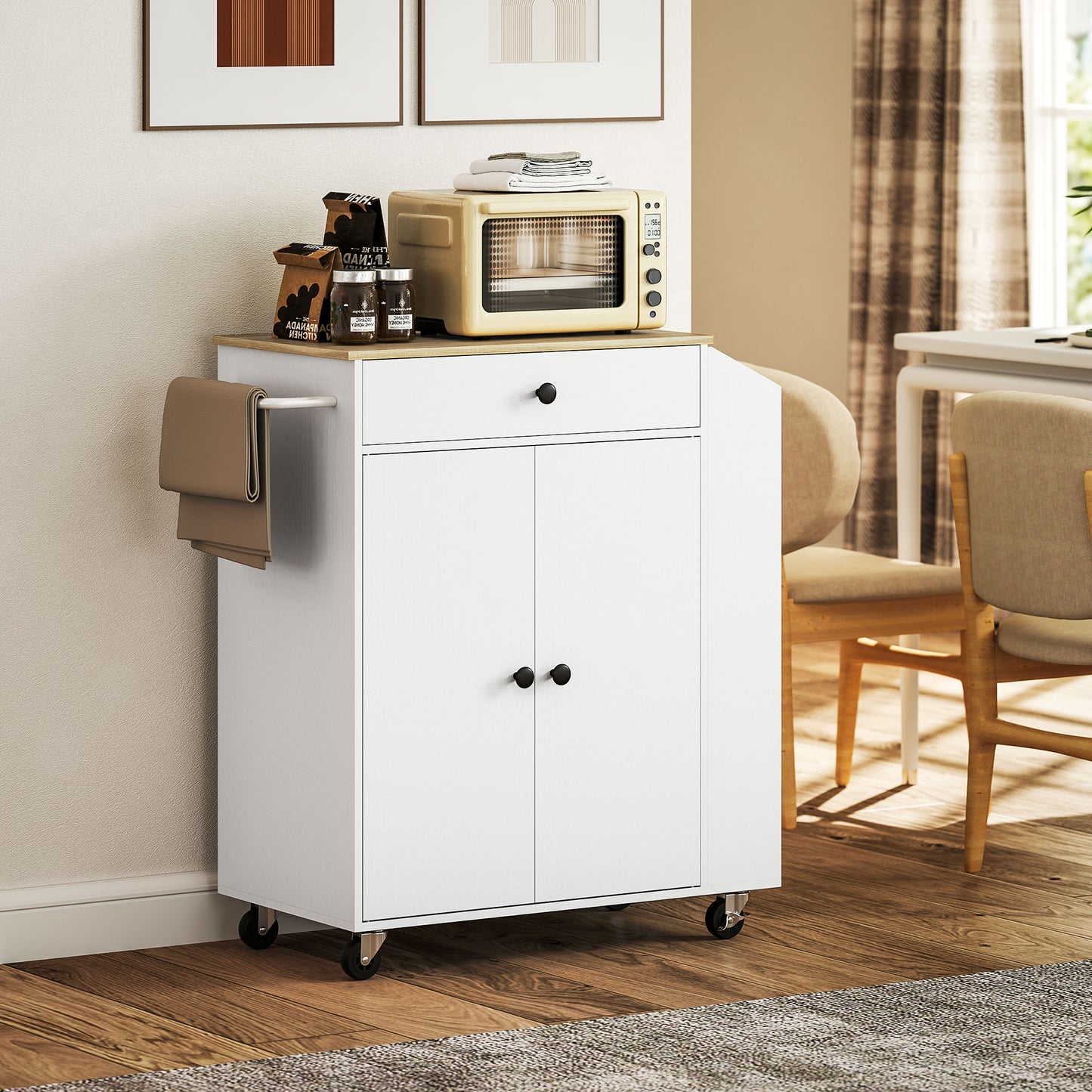 Rolling Kitchen Island with 3-Tier Spice Rack, Kitchen Storage Cart with Drawer and Towel Rack, White