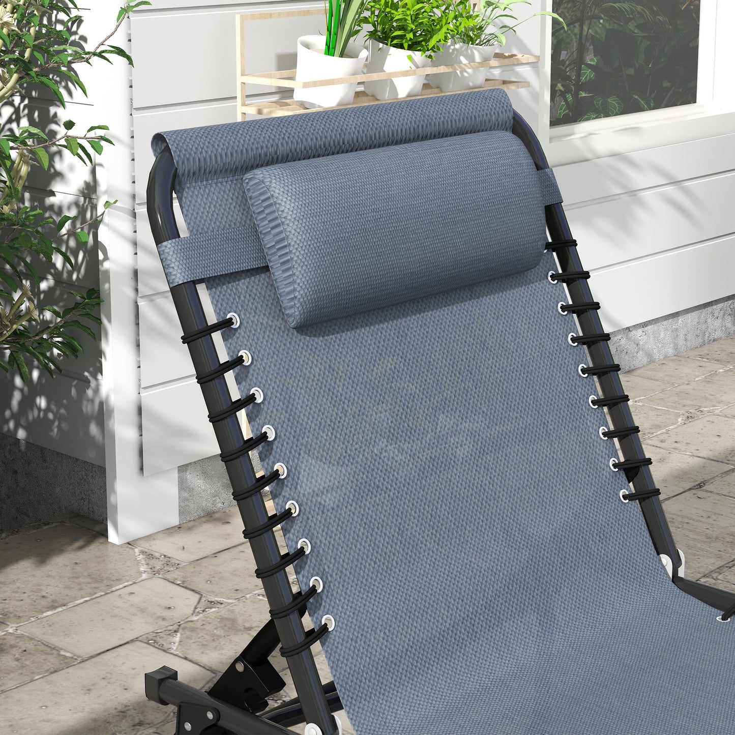 Foldable Sun Lounger, Outdoor 4 Level Adjustable Backrest Reclining Chaise Chair, Steel Frame Recliner Chair for Camping