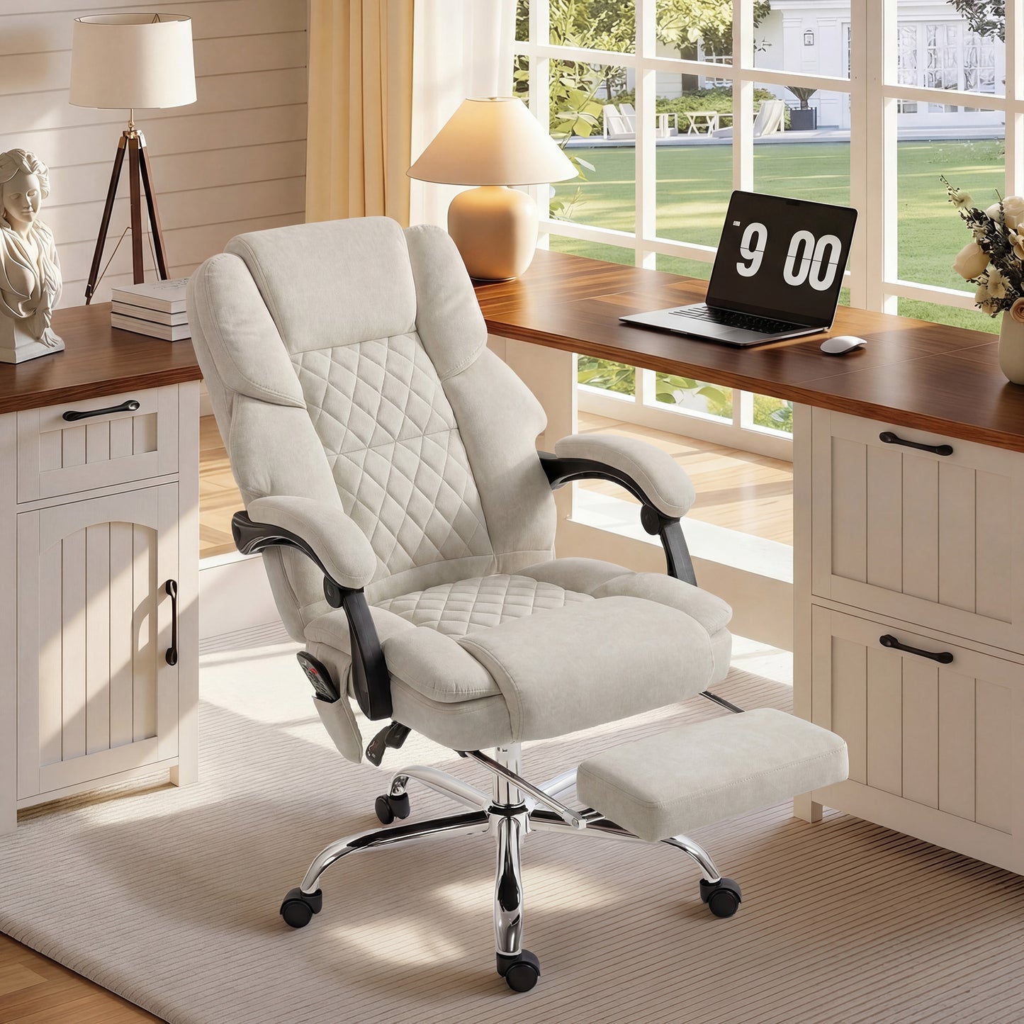 Office Chair with 6-point Vibration Massage and Heat, Fabric Desk Chair with Footrest, High Back, Cream White