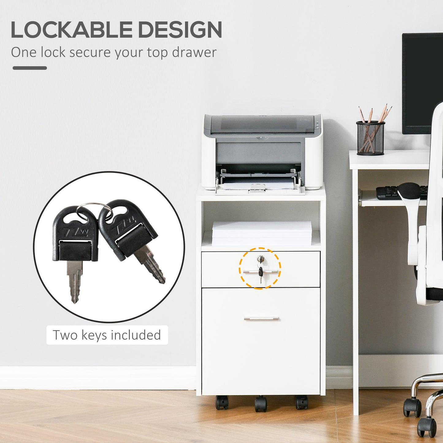Lockable Two-Drawer Filing Cabinet, with Wheels - White