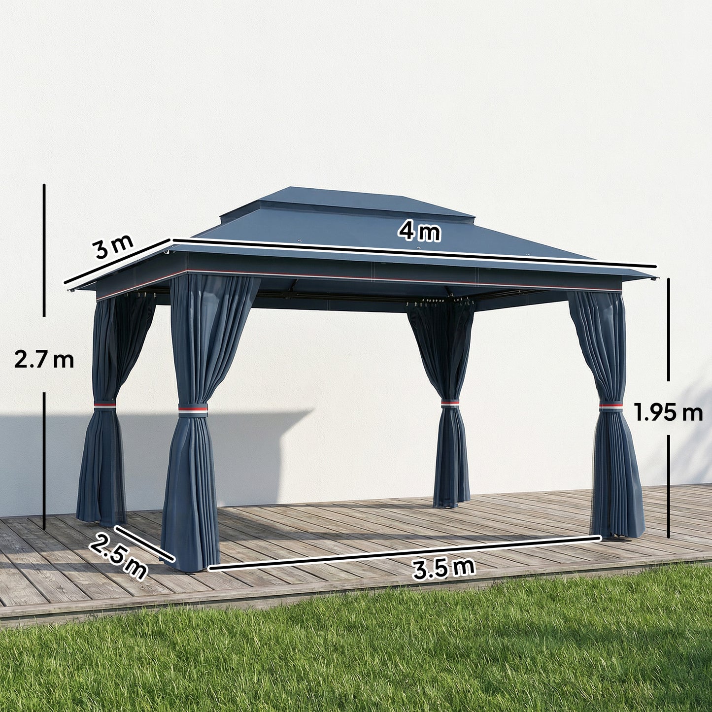 3 x 4 m Outdoor Garden Gazebo with Netting and Curtains, UPF50+ Patio Gazebo Permanent Pavilion Canopy, Dark Blue