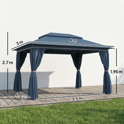 3 x 4 m Outdoor Garden Gazebo with Netting and Curtains, UPF50+ Patio Gazebo Permanent Pavilion Canopy, Dark Blue