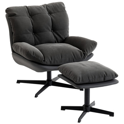 Accent Chair with Footstool, Swivel Lounge Chair with Chenille Upholstery, Metal Base, Dark Grey