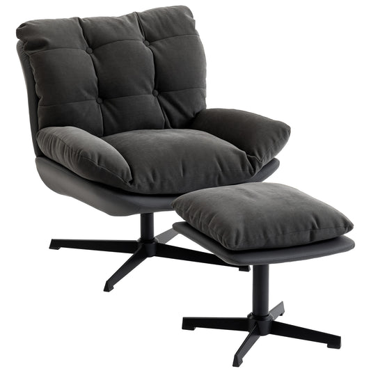 Accent Chair with Footstool, Swivel Lounge Chair with Chenille Upholstery, Metal Base, Dark Grey