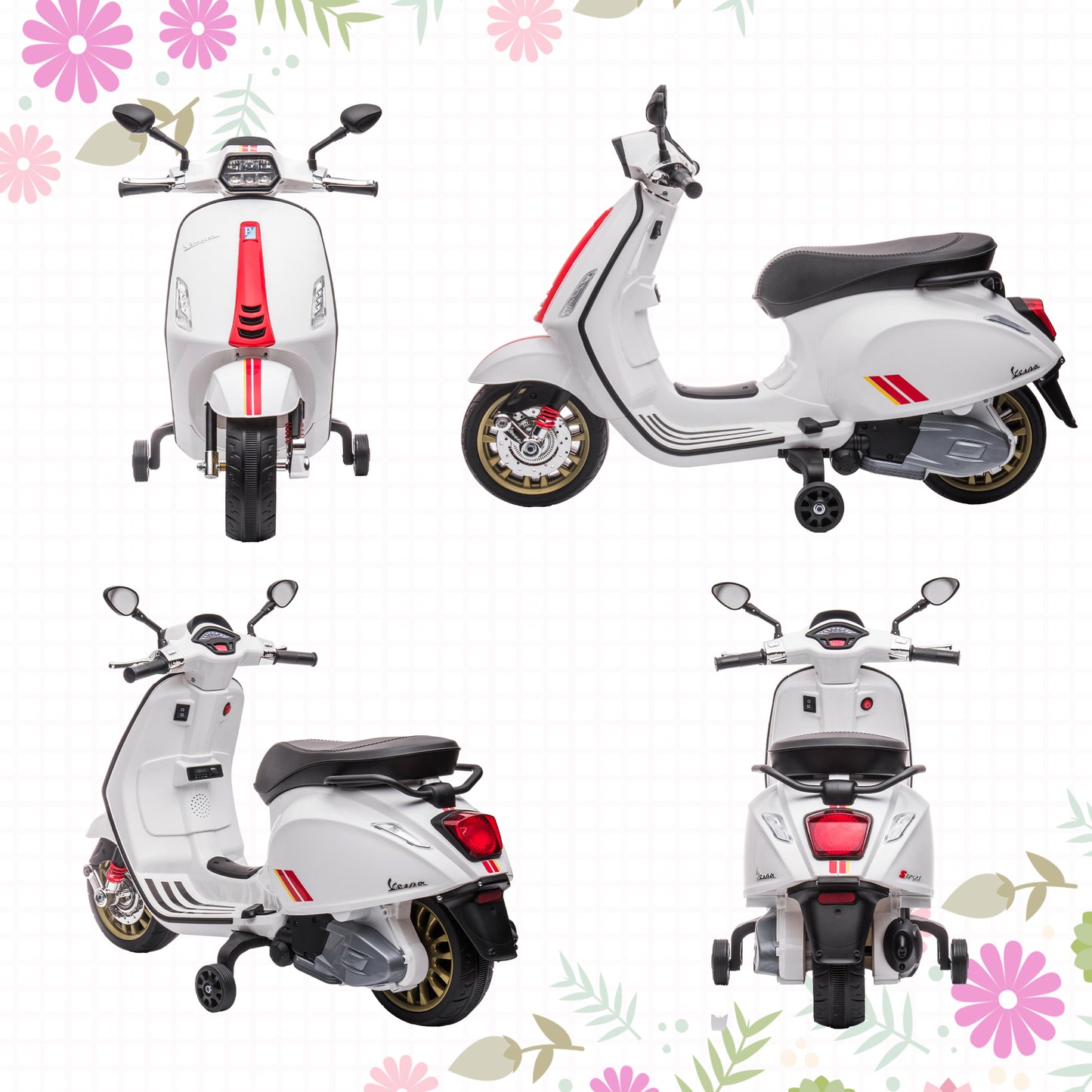 12V Vespa Licensed Kids Electric Motorbike w/ Music, Lights, FM Radio, for 3-6 Years - White