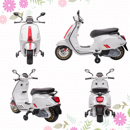 12V Vespa Licensed Kids Electric Motorbike w/ Music, Lights, FM Radio, for 3-6 Years - White