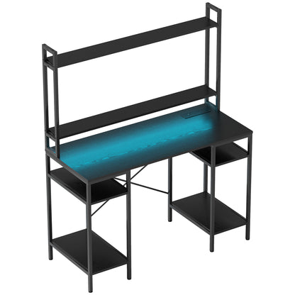 Computer Desk with Power Outlets and LED Lights, Home Office Desk with Monitor Stand, 2 CPU Stands and Storage Shelves