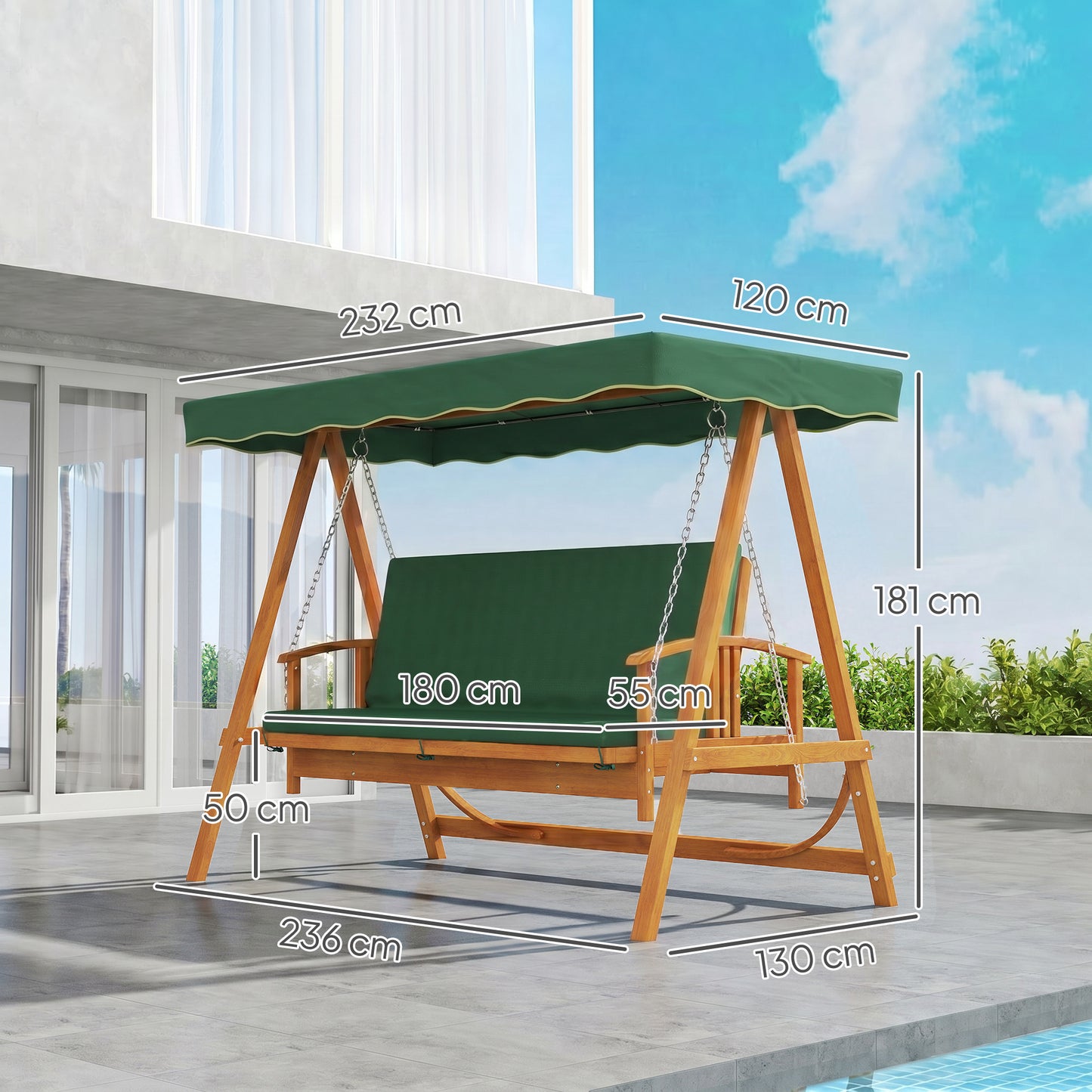 3 Seater 2-in-1 Wooden Garden Swing Seat Swing Chair, Outdoor Convertible Hammock Bench w/cushion, Furniture Lounger Bed
