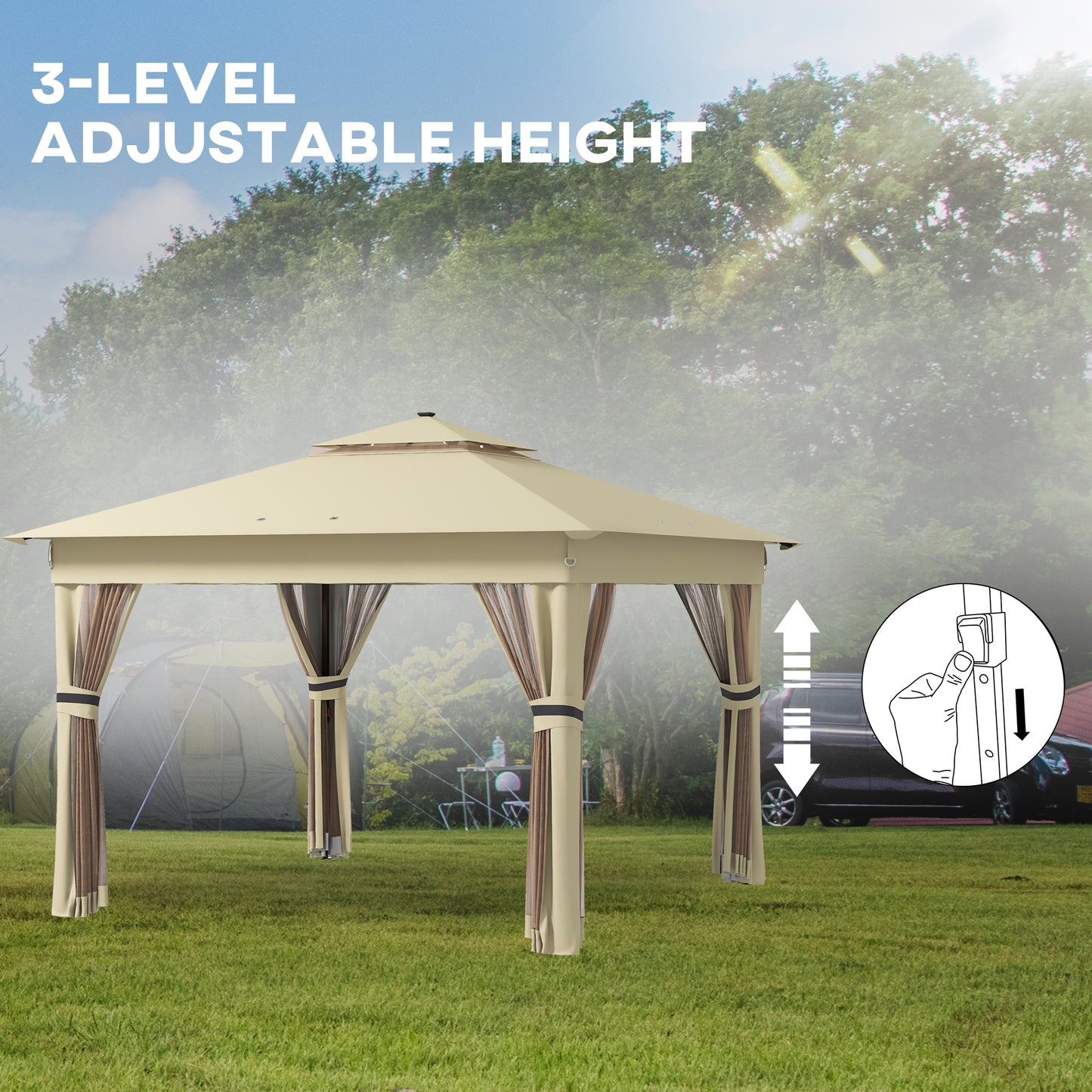 3.36 x 3.36m Pop Up Gazebo Party Tent with Solar-Powered LED Lights, Adjustable Event Shelter with Netting, Khaki