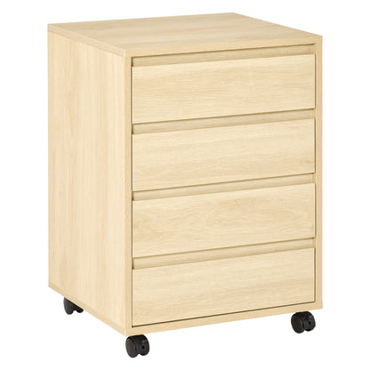Four-Drawer Office Filing Cabinet, with Wheels - Natural Wood Finish