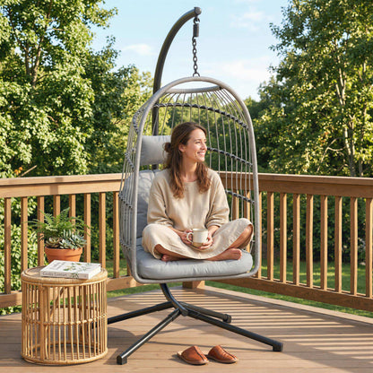 Hanging Egg Chair, Indoor Outdoor Hammock Swing Chair with Stand, Safety Strap, Foldable Basket, Light Grey