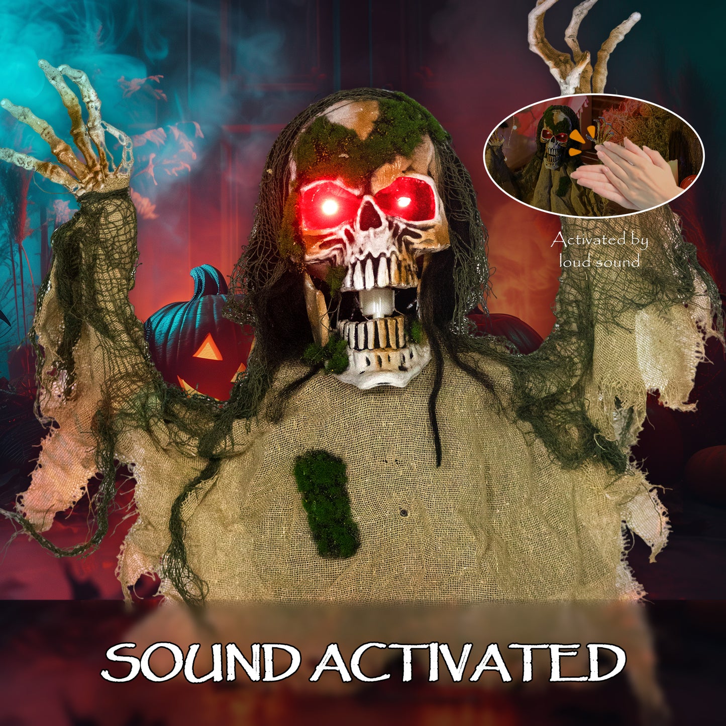 Halloween Animated Skeleton with Glowing LED Eyes, Half-Body Scary Halloween Decorations, Battery Operated