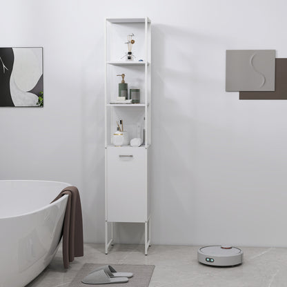 Tall Bathroom Cabinet with Open Shelves and Adjustable Shelf - White