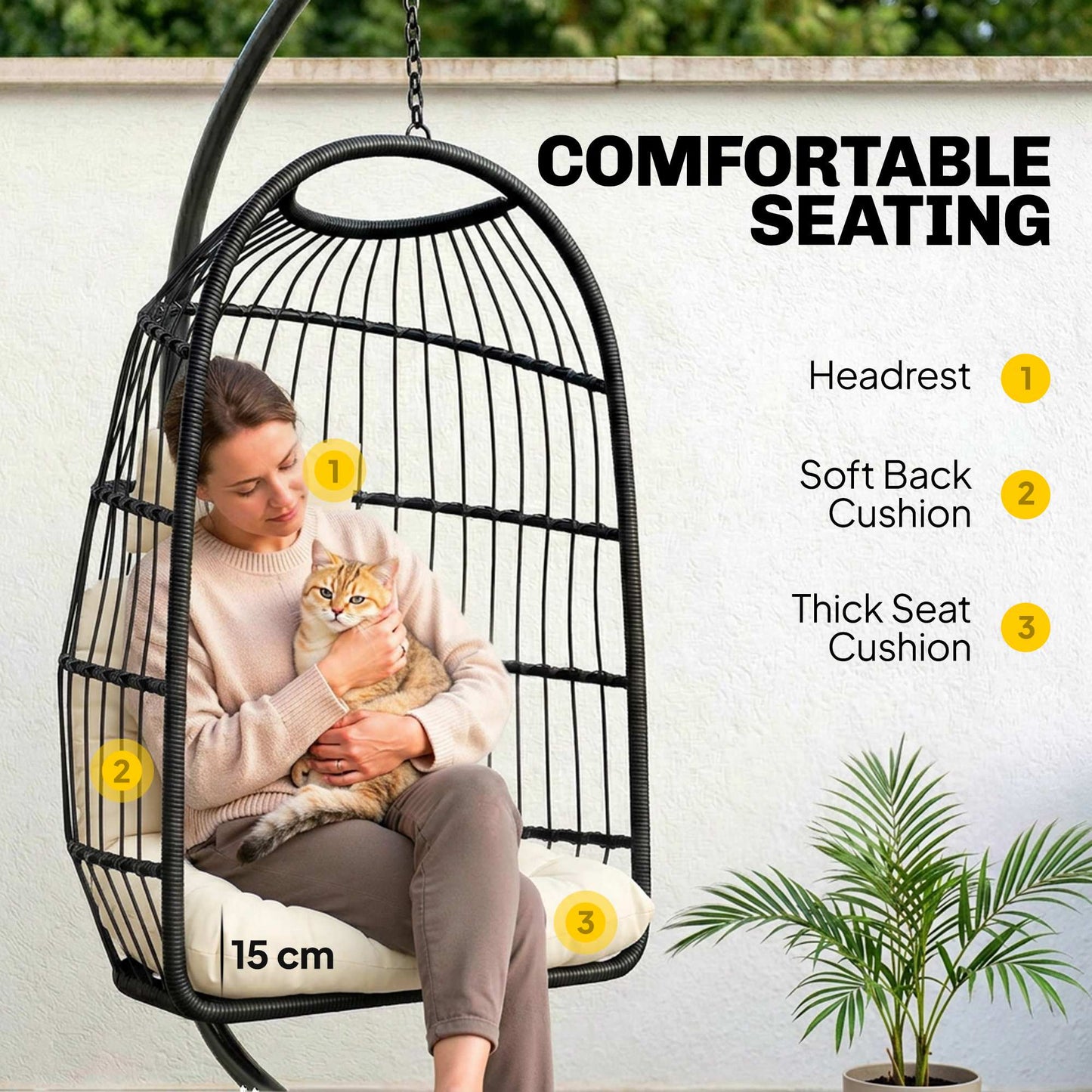 Hanging Egg Chair, Indoor Outdoor Hammock Swing Chair with Stand, Safety Strap, Foldable Basket, Black/Cream White