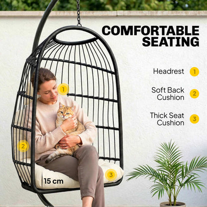 Hanging Egg Chair, Indoor Outdoor Hammock Swing Chair with Stand, Safety Strap, Foldable Basket, Black/Cream White