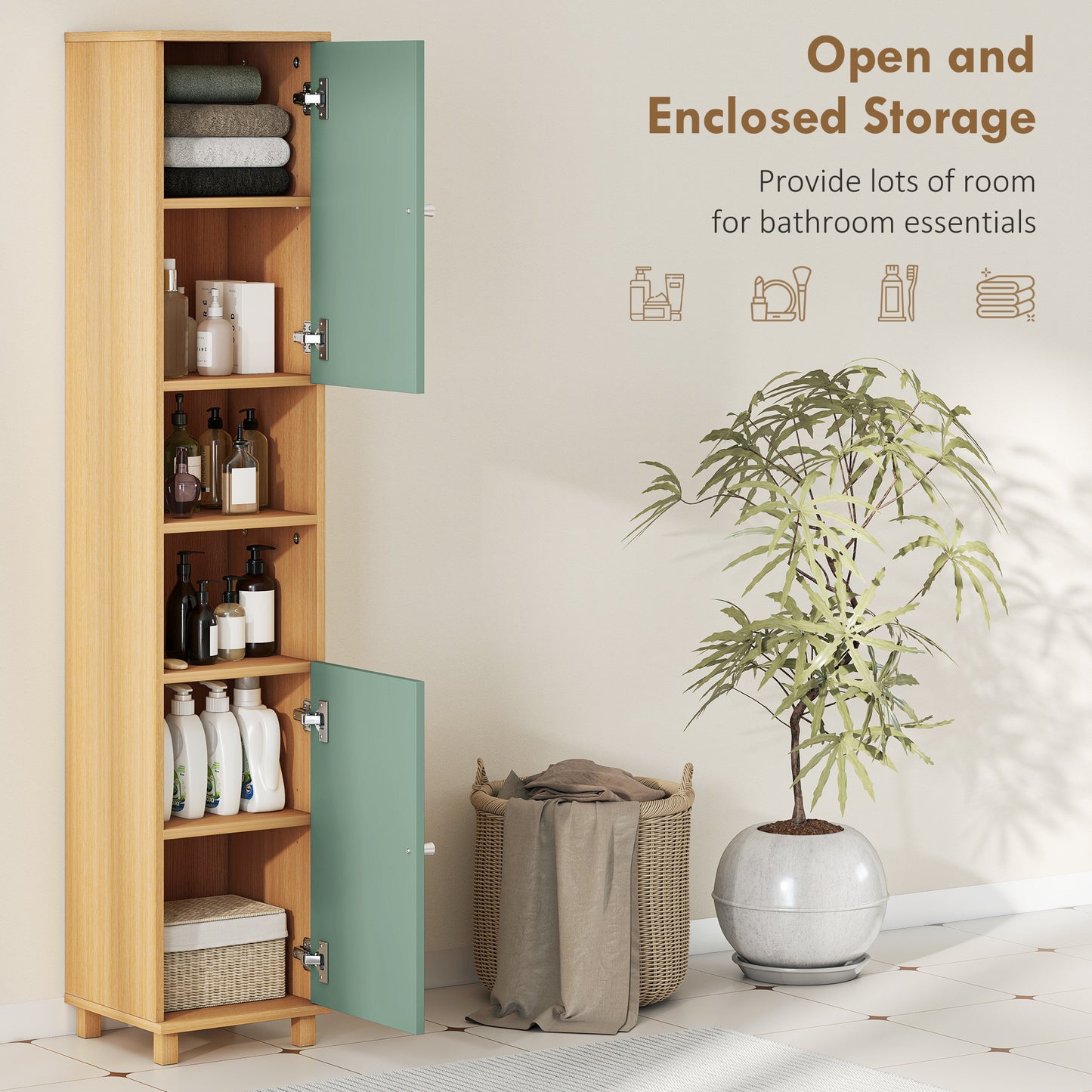 Bathroom Cabinet with Adjustable Shelves and Open Shelves - Green