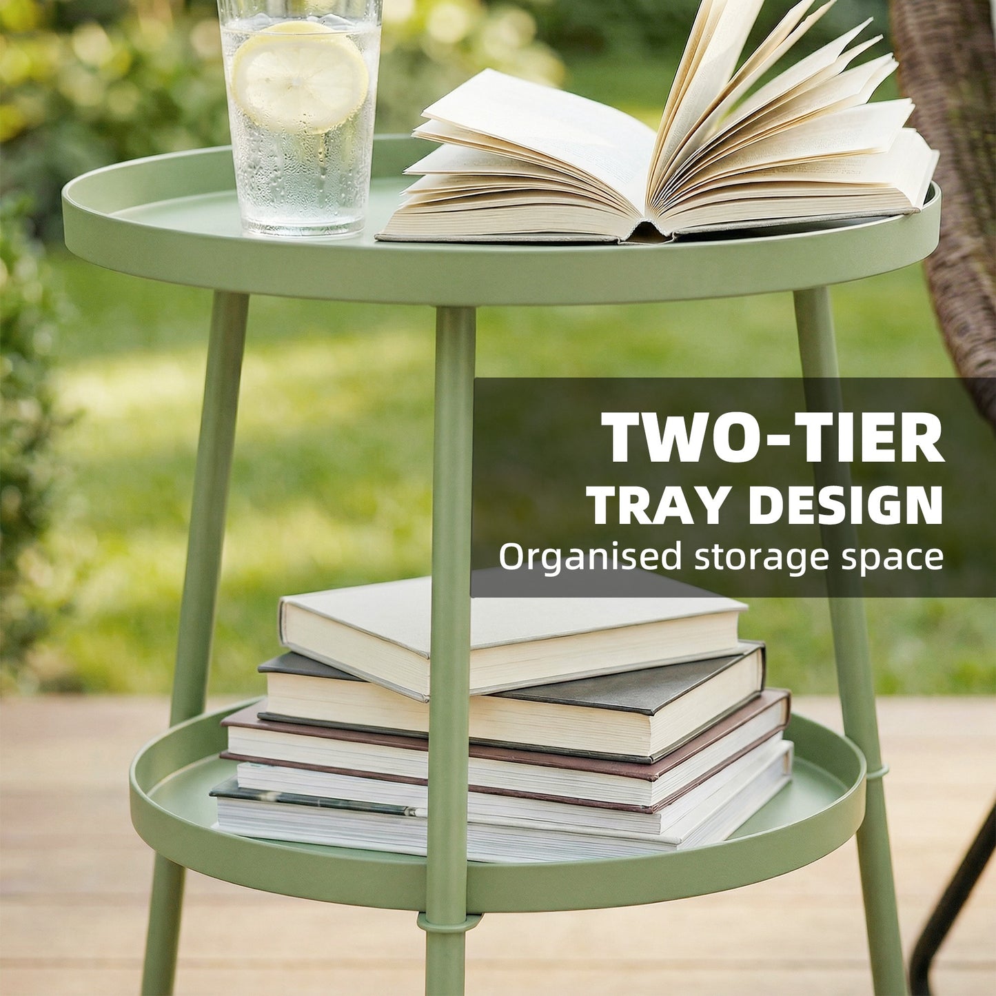 Patio Side Table, 2-Tier Round Coffee End Table for Garden Balcony Living Room Bedroom, Light Green