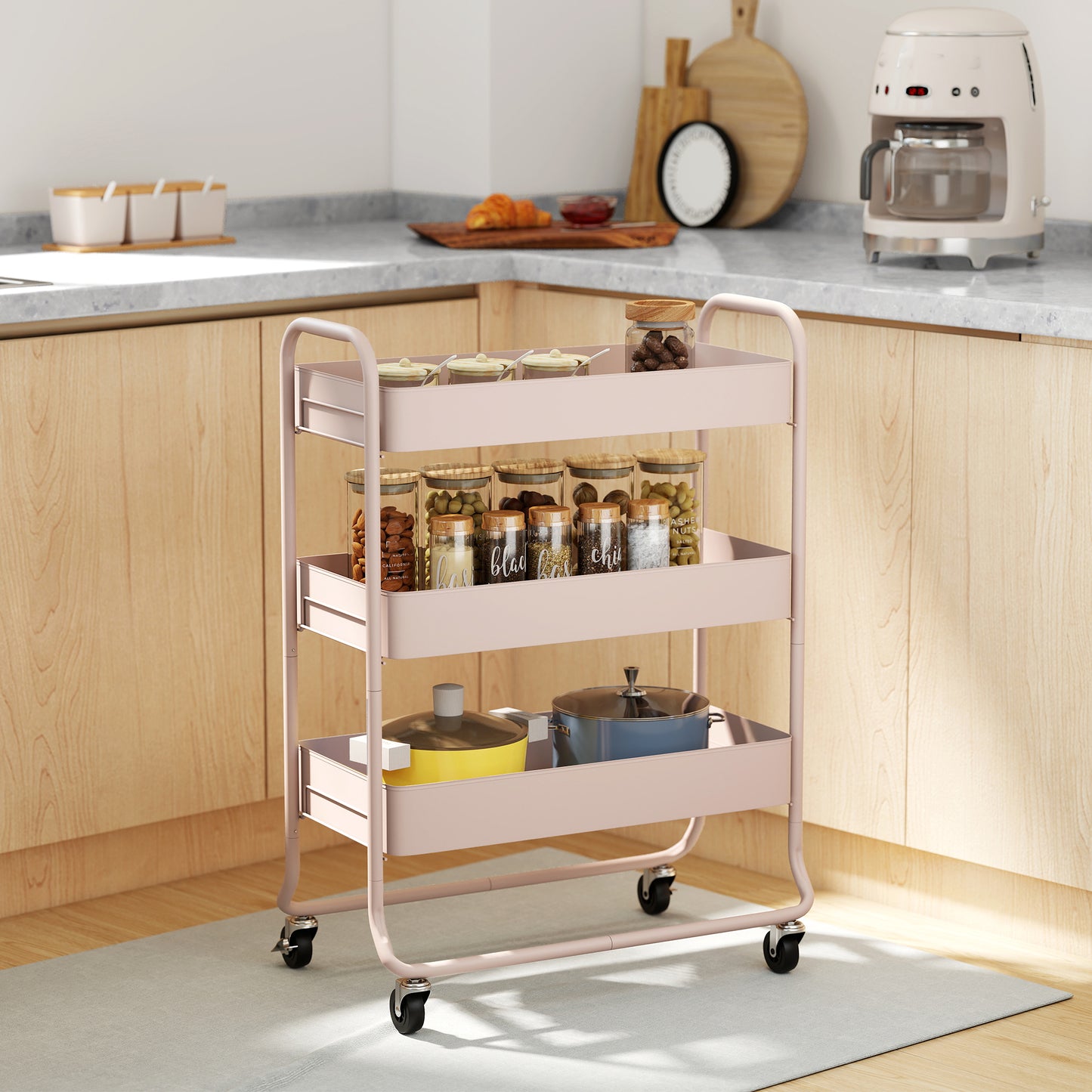 3-Tier Storage Trolley on Wheels, Rolling Utility Cart with Mesh Backets for Kitchen, Bathroom, Bedroom, Light Pink