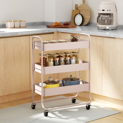 3-Tier Storage Trolley on Wheels, Rolling Utility Cart with Mesh Backets for Kitchen, Bathroom, Bedroom, Light Pink