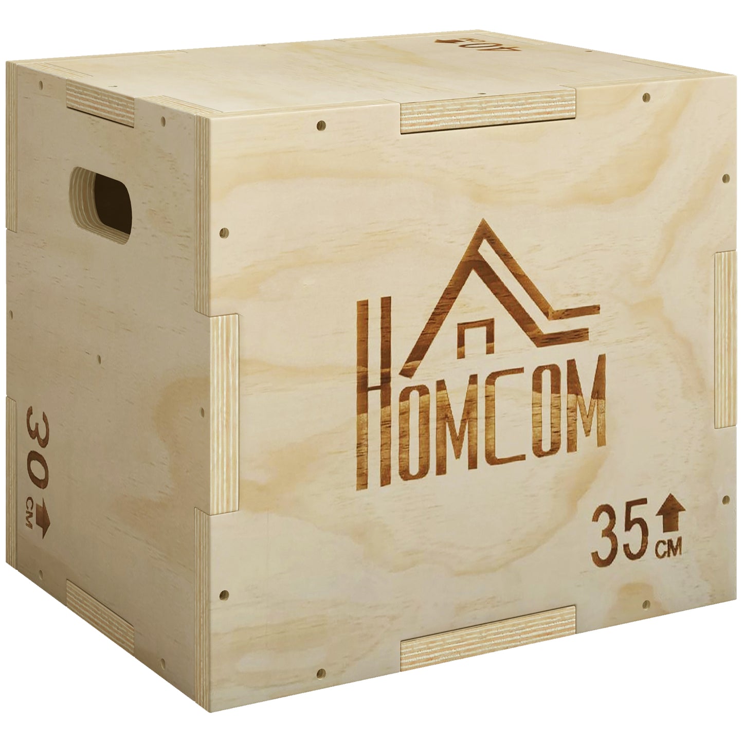 3-in-1 Wooden Plyo Box, Plyometric Jump Box with Handle Openings for Home Gym, 12" x 14" x 16", Natural