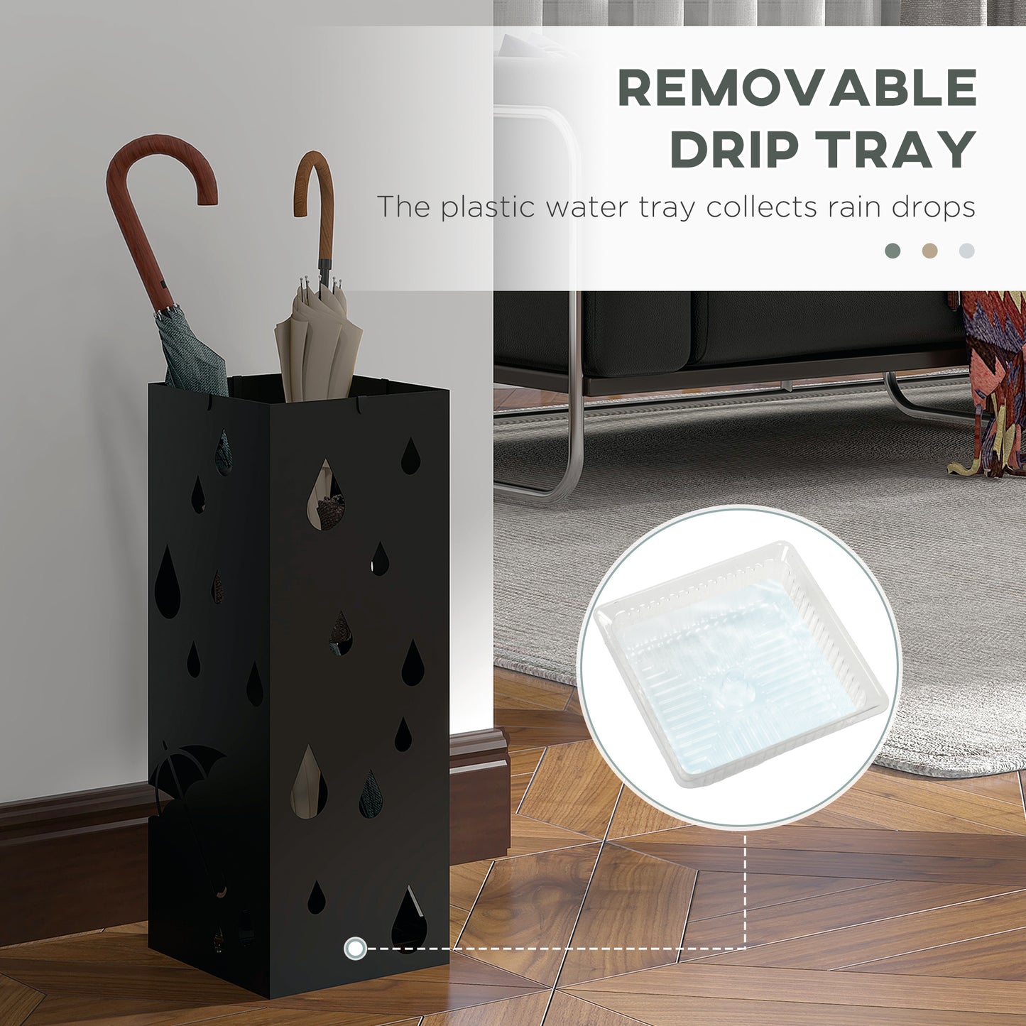 Steel Umbrella Stand, Square Umbrella Holder with 4 Hooks and Removable Drip Tray, Hollowed Umbrella Basket for Hallway