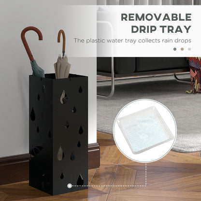 Steel Umbrella Stand, Square Umbrella Holder with 4 Hooks and Removable Drip Tray, Hollowed Umbrella Basket for Hallway