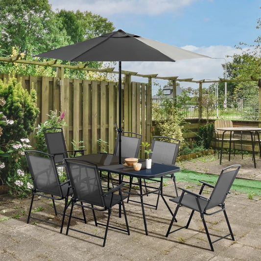 8 Piece - 6 Seater Garden Dining Set with Tempered Glass Tabletop and Parasol Included