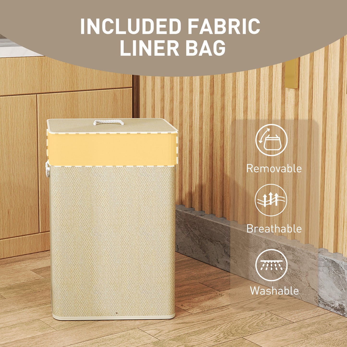 Bamboo Laundry Basket with Lid, 72L Laundry Hamper with Rope Handles