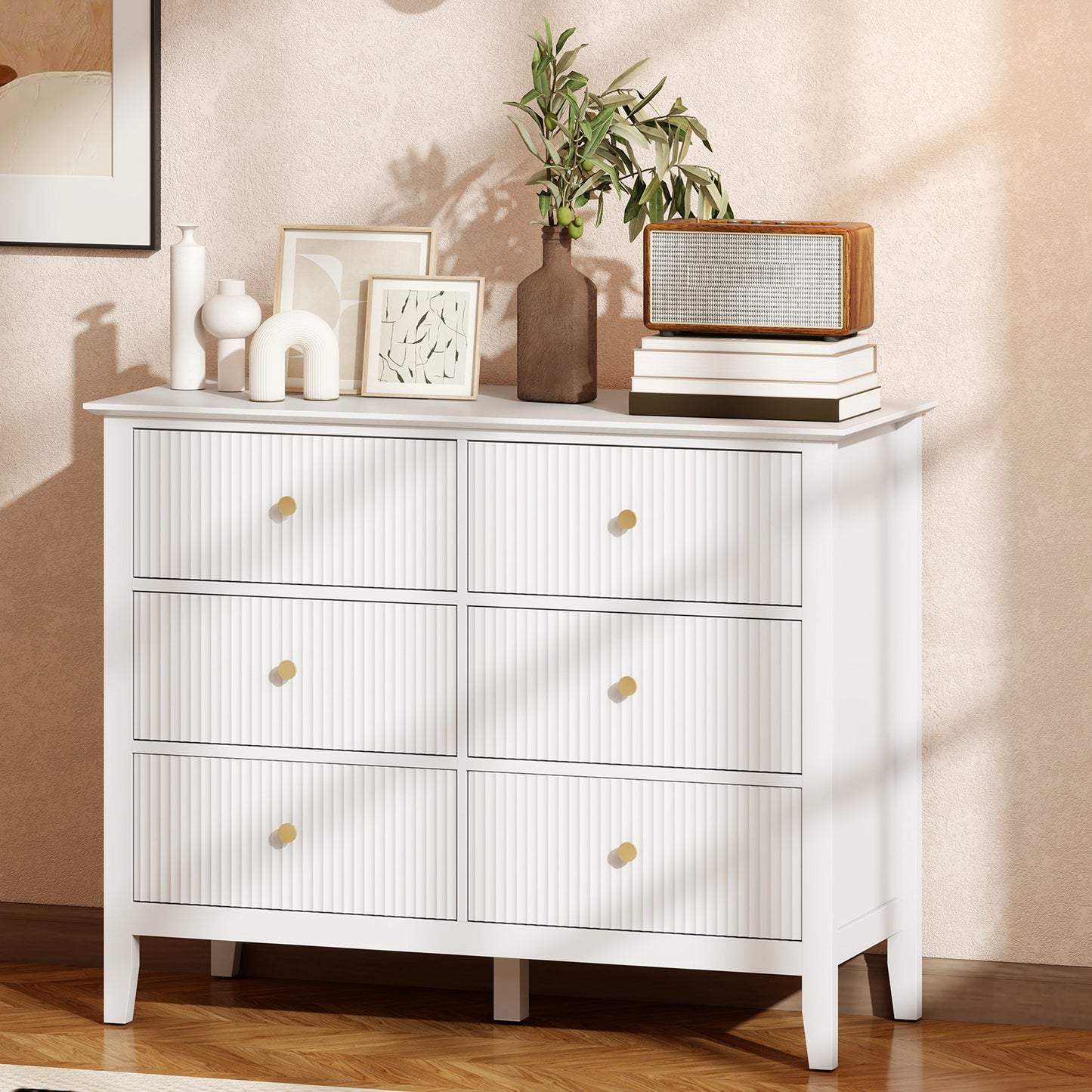Fluted Dresser, 6 Drawer Chest of Drawers for Bedroom, Living Room, Hallway, Closet, White