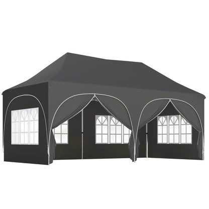 3 x 6m Pop Up Gazebo Shelter with Sides, 6 Sandbags, Peak Top Garden Party Tent Marquee with Carry Bag, Dark Grey