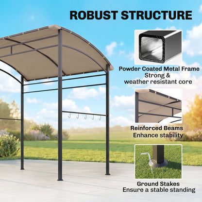 2.2 x 1.5 m BBQ Grill Gazebo Tent, Garden Grill with Metal Frame, Curved Canopy and 10 Hooks, Outdoor Sun Shade, Khaki