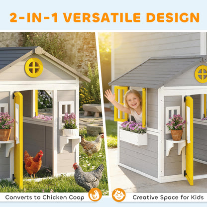 Wooden Playhouse with Doors, Windows, Plant Pots, Boxes, for 3-8 Years - Grey