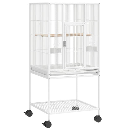 Bird Cage Detachable with Rolling Stand Parrot Cage with Storage Shelf White