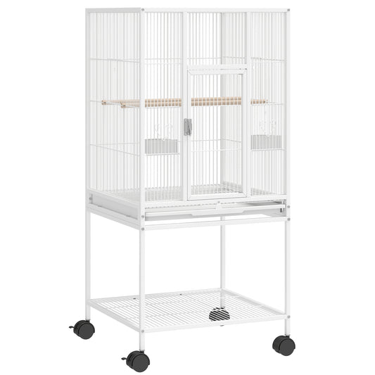 Bird Cage Detachable with Rolling Stand Parrot Cage with Storage Shelf White