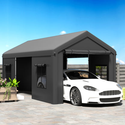 3 x 6 m Heavy Duty Carport, Portable Garage Car Canopy Tent with Galvanised Frame, Doors, Windows, Dark Grey