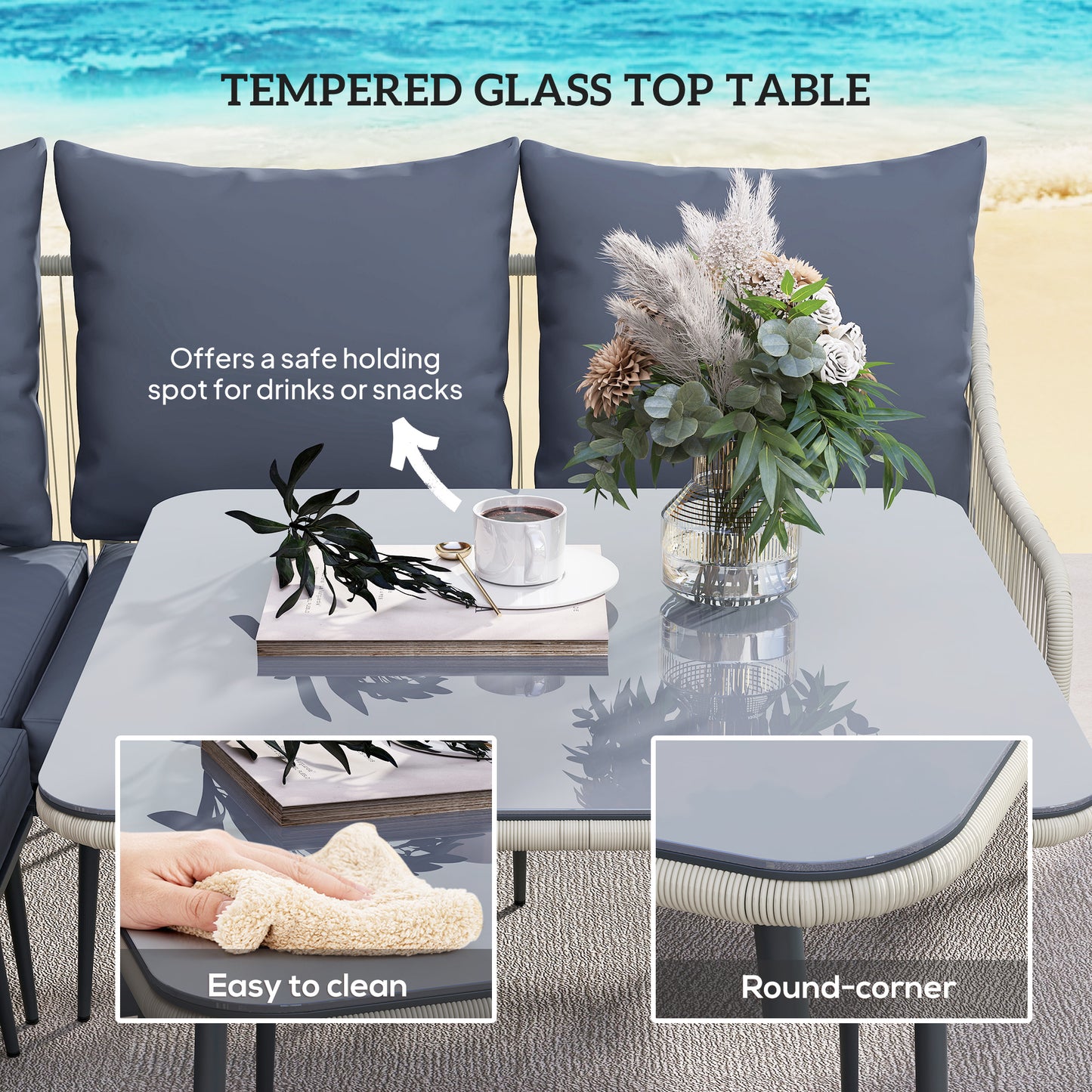 Six-Piece Rattan Strong Garden Sofa Set with Removable and Washable Covers - Grey