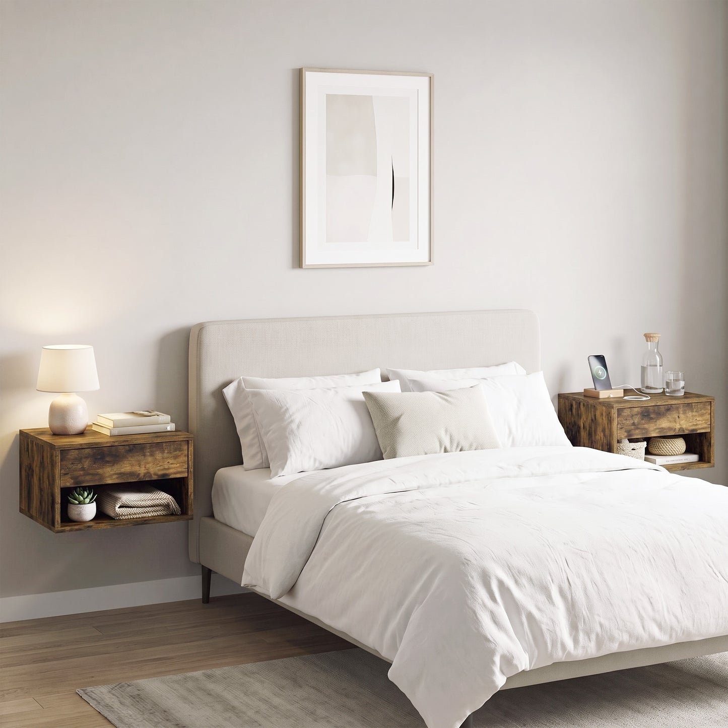 Set of Two Floating Bedside Tables - Rustic Brown