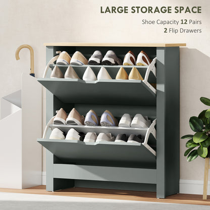 Slim Shoe Cabinet, Narrow Shoe Cupboard with 2 Flip Drawers, Adjustable Shelves for 12 Pairs of Shoes, Light Grey