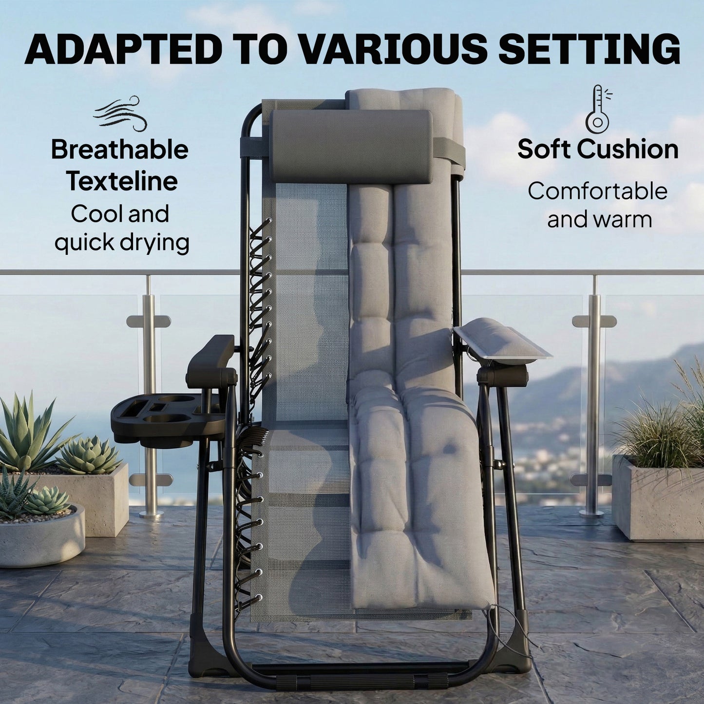 Zero Gravity Chair, Folding Sun Lounger Reclining Garden Chair with Arm Pads, Cushion, Cup Holder, Headrest, Light Grey