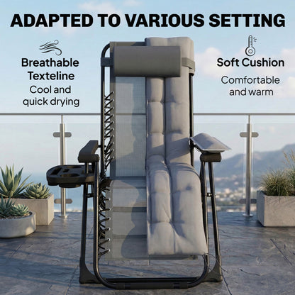 Zero Gravity Chair, Folding Sun Lounger Reclining Garden Chair with Arm Pads, Cushion, Cup Holder, Headrest, Light Grey