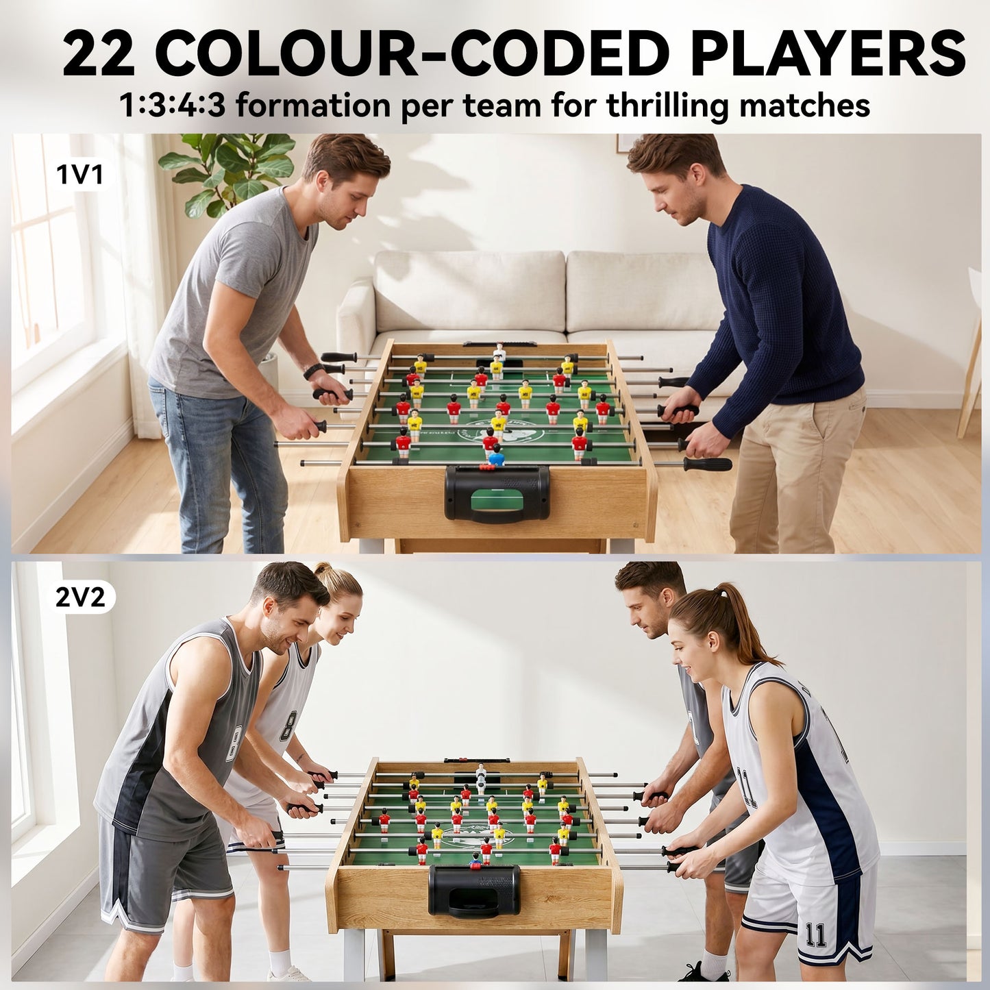 4ft Table Football, Foosball Game Table with 22 Players, 2 Balls and Manual Scorers for Family, Natural Wood Finish