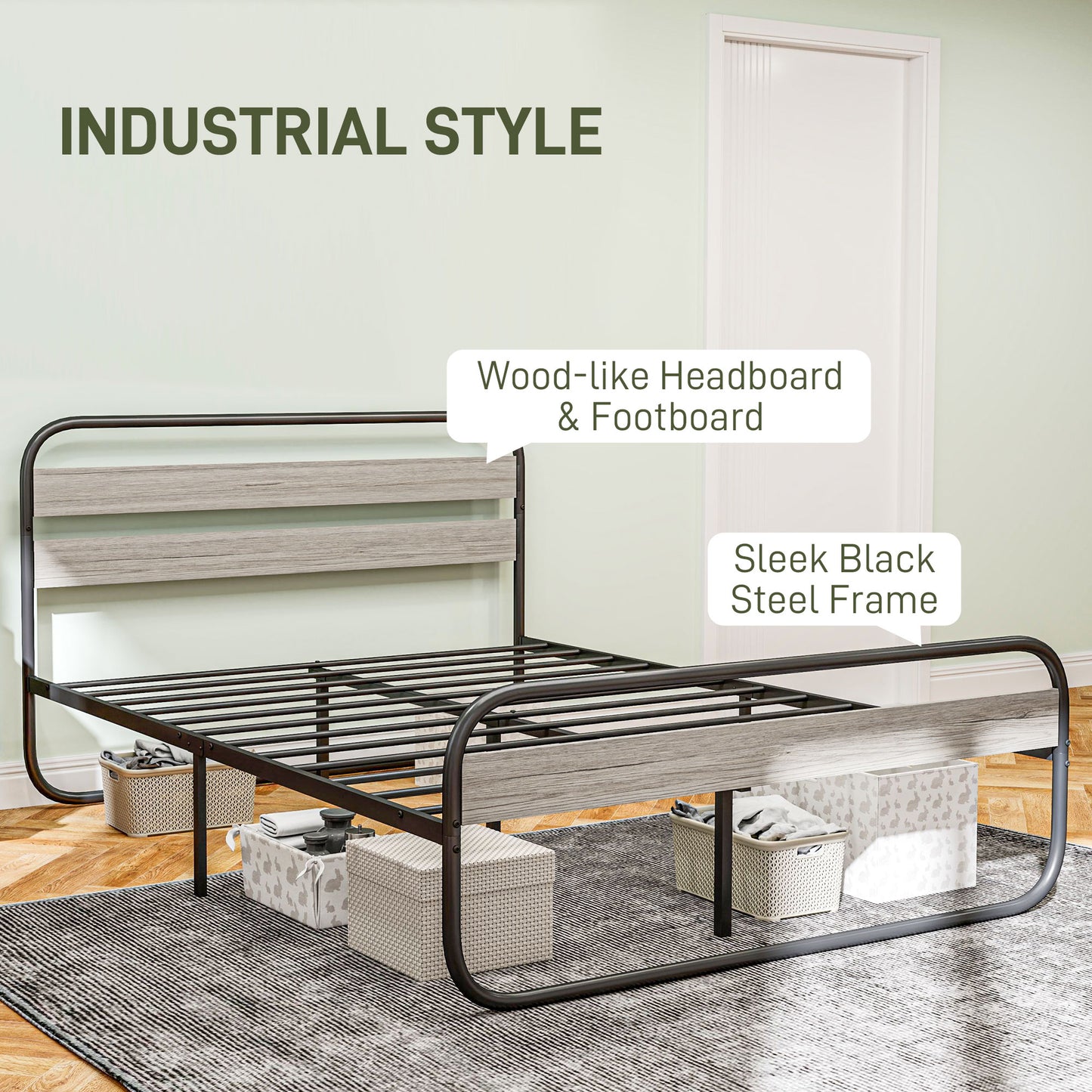 4ft6 Double Bed Frame, Industrial Style Metal Platform Bed Frame with Under Bed Storage, No Box Spring Needed, Easy Assembly