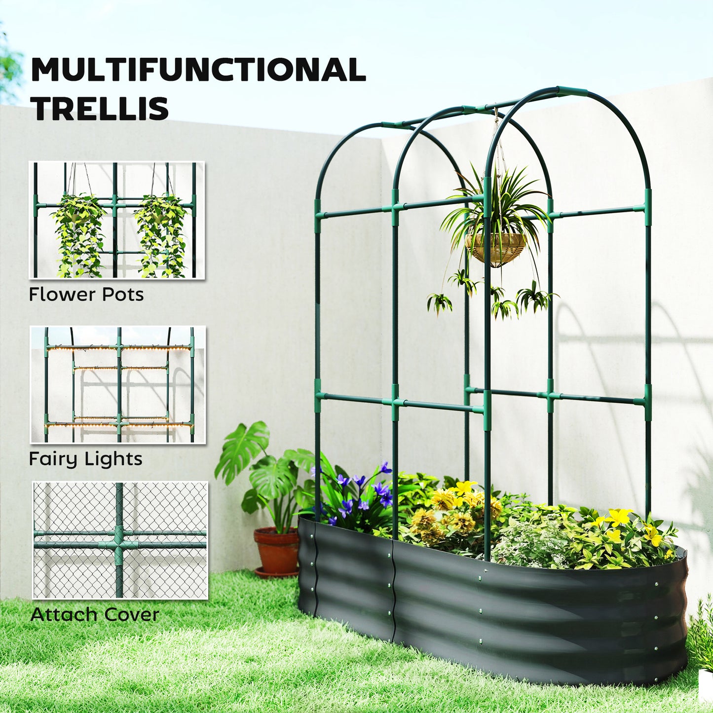 Galvanised Raised Garden Bed with Arched Trellis, 4 x 2 x 4.6ft Metal Raised Bed for Garden with Open Bottom, Dark Grey